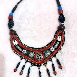 Red and Black Ethnic Beaded Necklace with Tassels